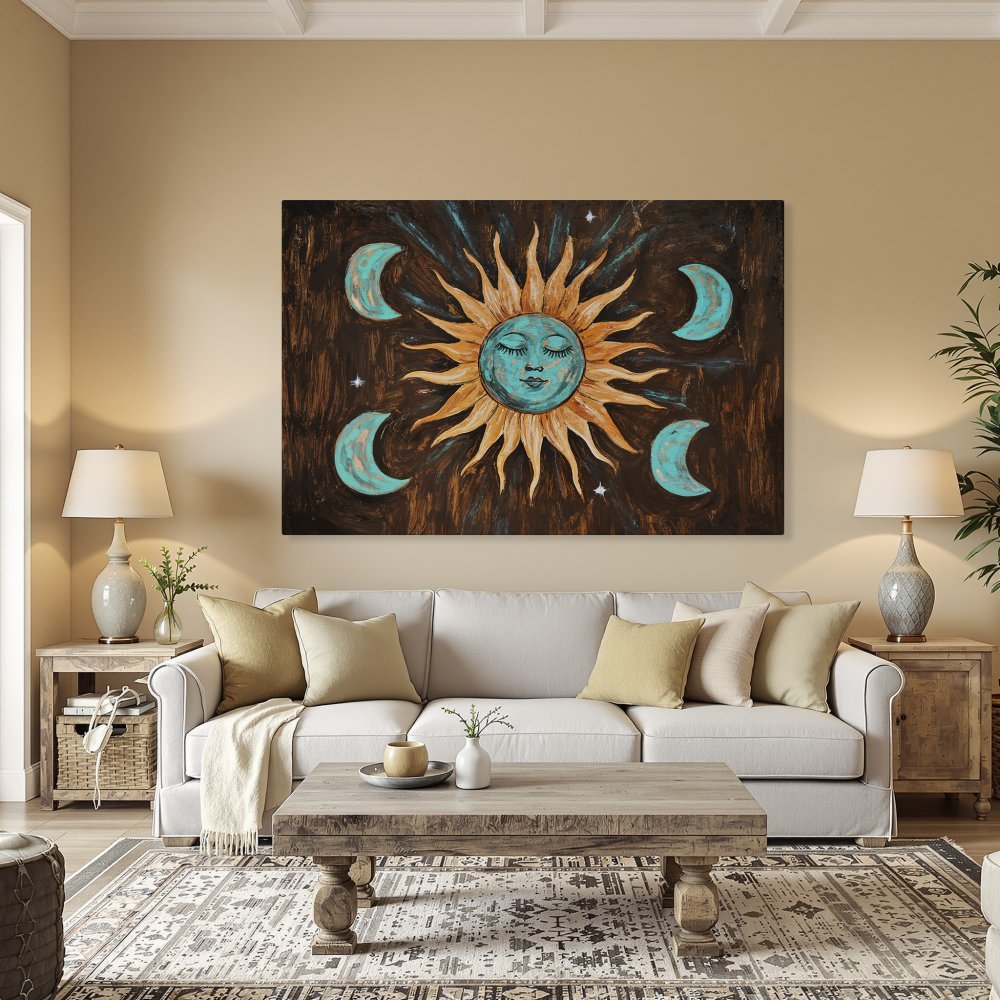 Framed Wall Art: Celestial sun and moon canvas print. Boho style with teal, orange, and brown color palette. Perfect for dining room decor.