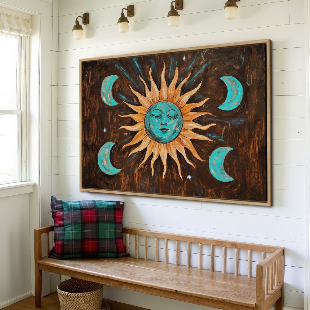 Framed Wall Art: Celestial sun and moon canvas print in turquoise and brown. Boho style art for your home decor.