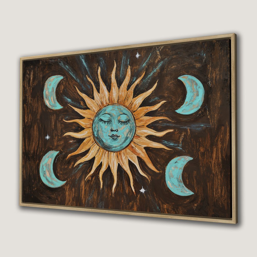 Boho Canvas Print featuring a celestial sun and moon design in warm brown, turquoise, and gold. Perfect wall art for a calming space.