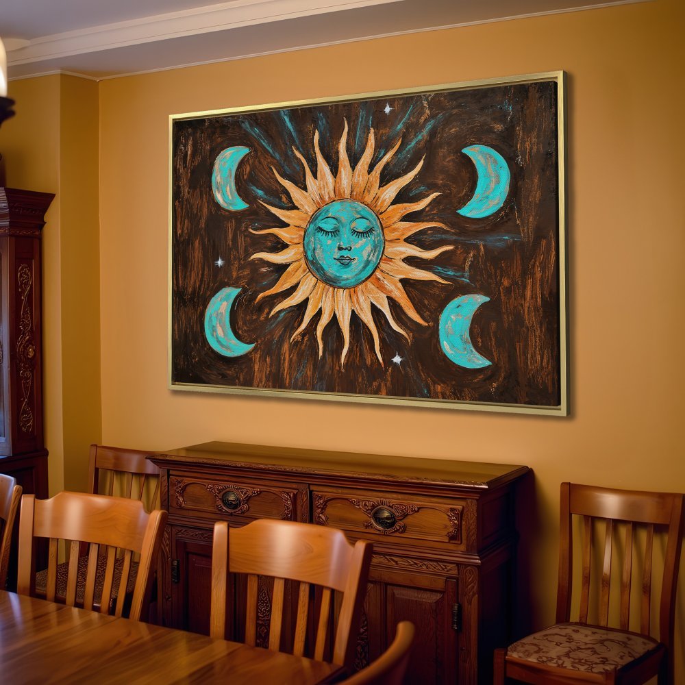 Canvas Print of a celestial sun and moon art piece, featuring a boho style and warm, earthy tones. Perfect for living room decor!