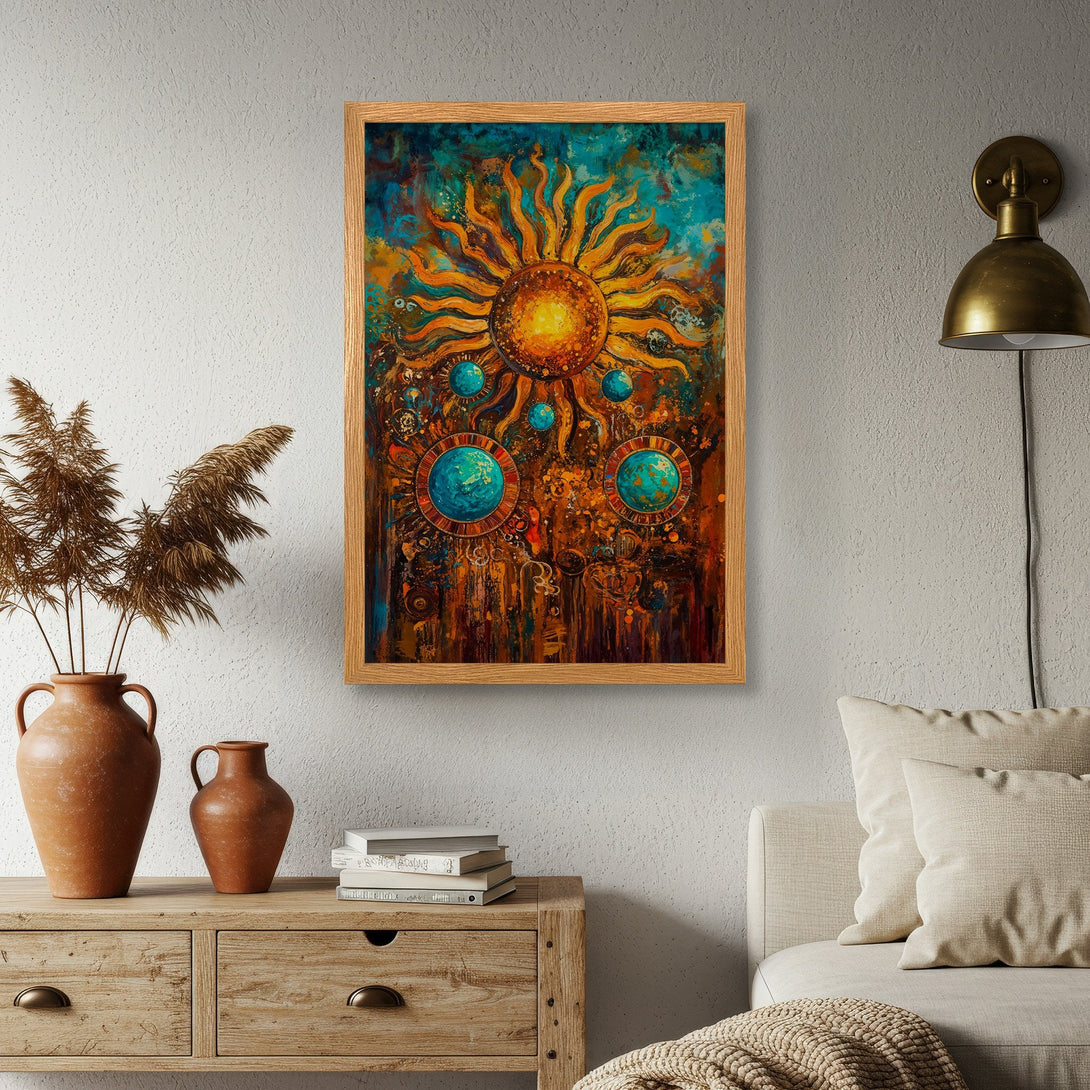 Framed Poster featuring a vibrant sun design in a colorful, abstract style. Earthy tones of orange, blue, and teal. Perfect wall art!