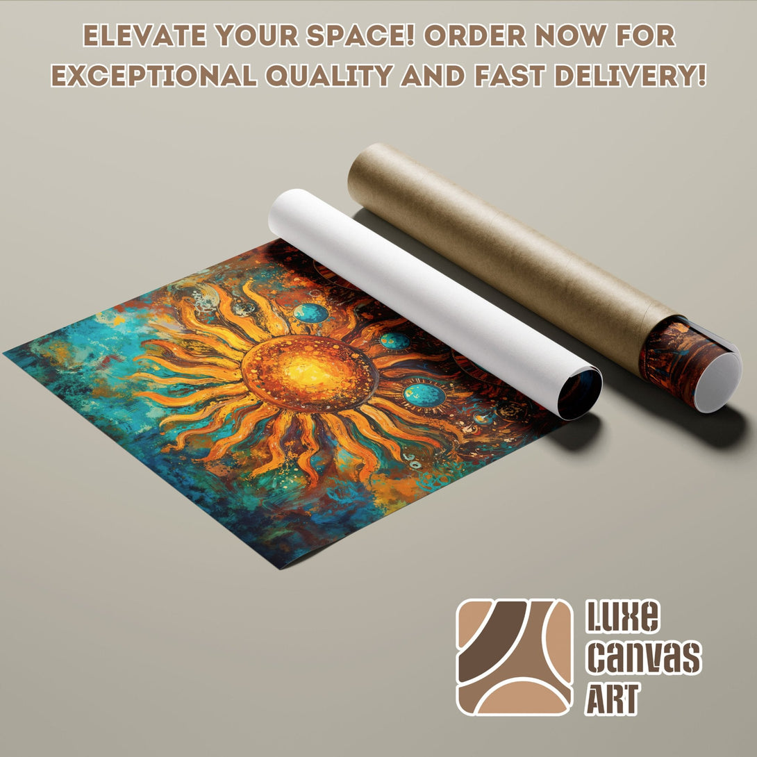 Abstract sunburst Poster Roll art in vibrant orange, teal, & gold colors. Elevate your space with Luxe Canvas Art!