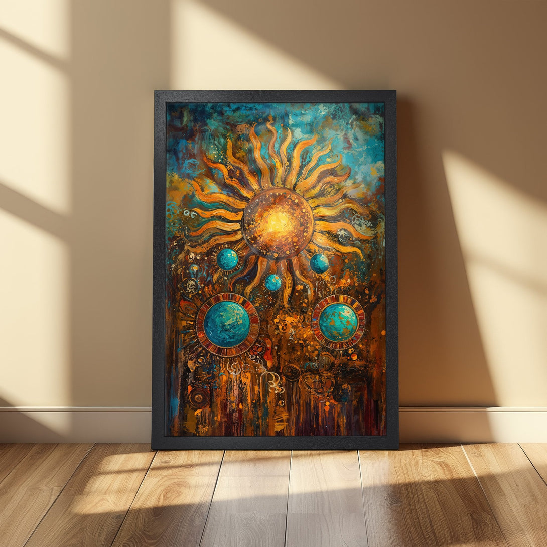 Framed Poster featuring a vibrant sunburst design in an abstract style with a warm orange, blue, and brown color palette.