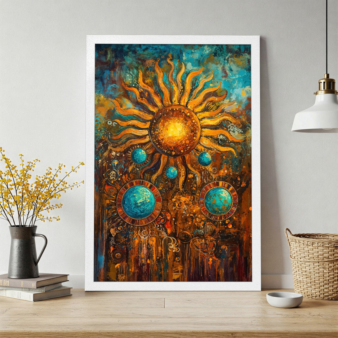 Framed Poster featuring a vibrant sun design in an abstract, artistic style with a warm orange and blue color palette.
