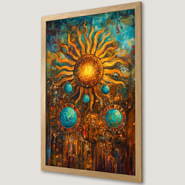 Framed Poster featuring a vibrant sun and planets in a warm, abstract style. Earthy tones of orange, blue, and brown. Perfect wall art.