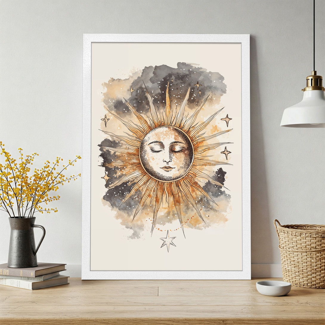 Framed Poster featuring a watercolor sun design in neutral tones. Perfect wall art for a boho or celestial aesthetic.