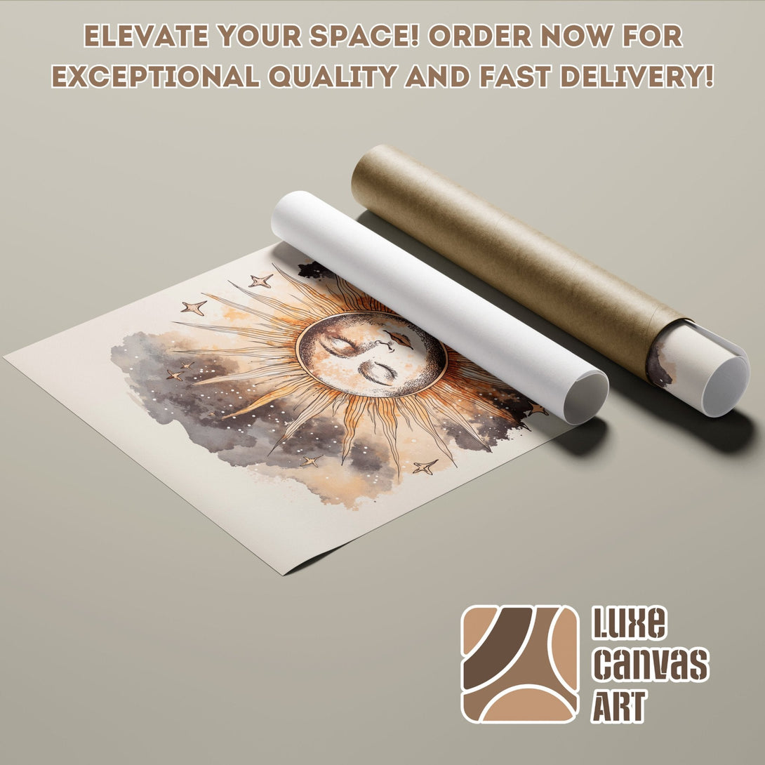 Poster Roll featuring a celestial sun design in watercolor style, warm earth-tone palette. Elevate your space!
