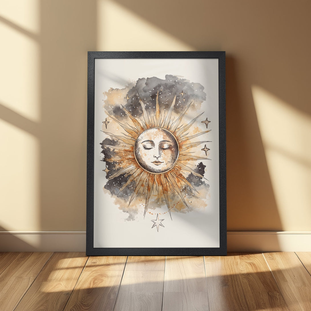 Framed Poster featuring a celestial sun design in watercolor style, with a warm neutral color palette. Perfect wall art!