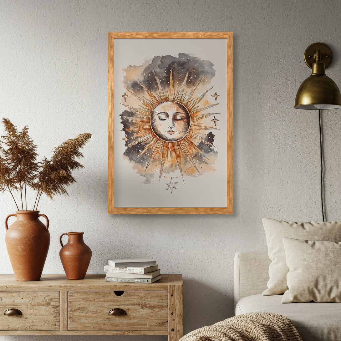 Framed Poster featuring a watercolor sun with a celestial theme and warm, earthy tones. Perfect for adding a touch of boho style.