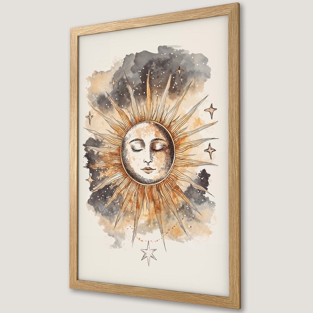 Framed Poster featuring a celestial sun illustration in watercolor style with a warm, neutral color palette. Perfect wall art!
