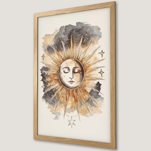 Framed Poster featuring a celestial sun illustration in watercolor style with a warm, neutral color palette. Perfect wall art!