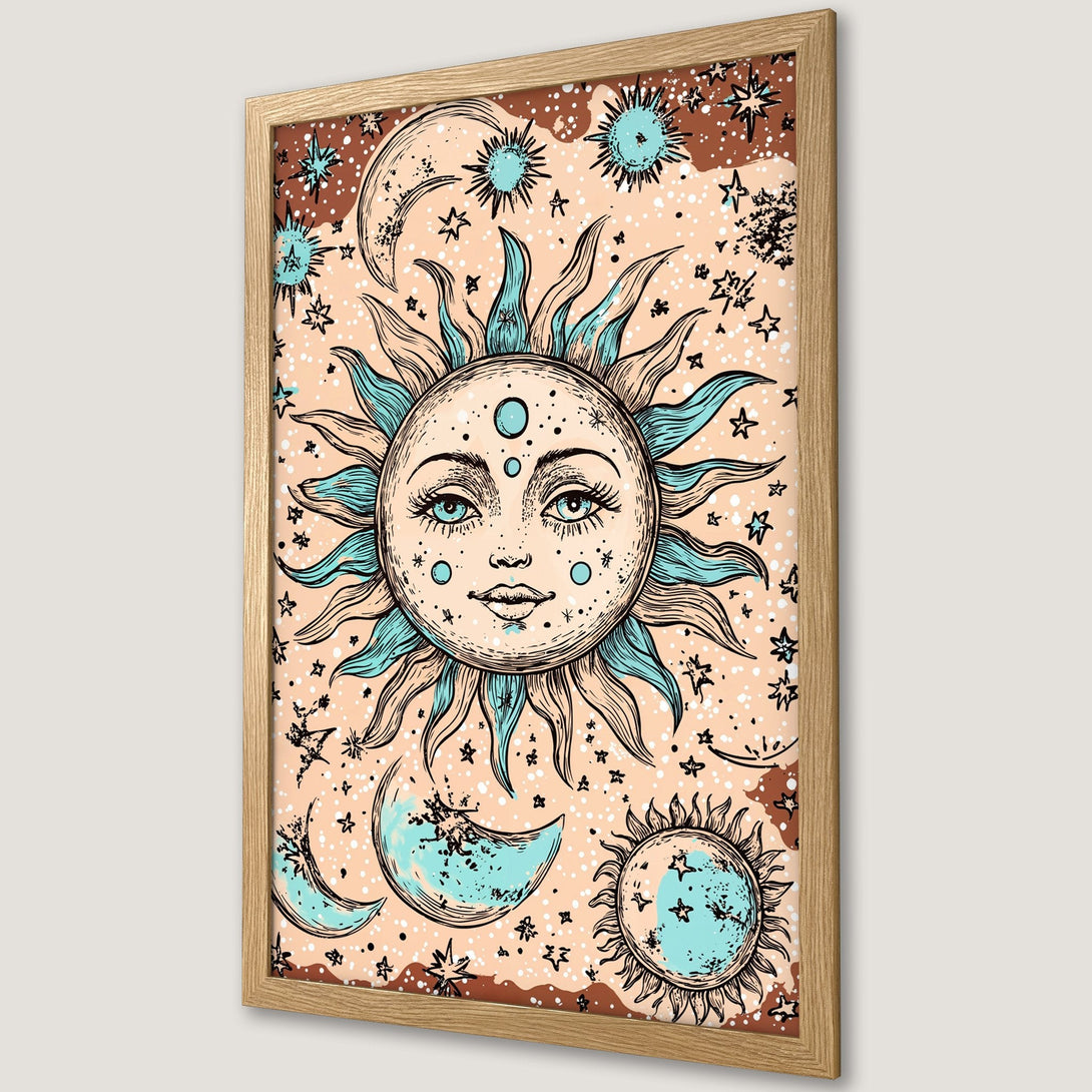 Framed Poster featuring a sun and celestial elements in a bohemian, hand-drawn style. Earthy tones with teal and brown accents. Perfect wall art!