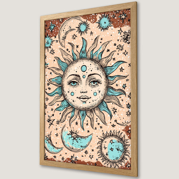 Framed Poster featuring a sun and celestial elements in a bohemian, hand-drawn style. Earthy tones with teal and brown accents. Perfect wall art!