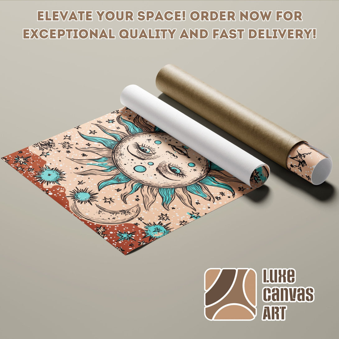 Poster Roll featuring a boho sun design in teal and brown tones. Elevate your space with this unique art poster!