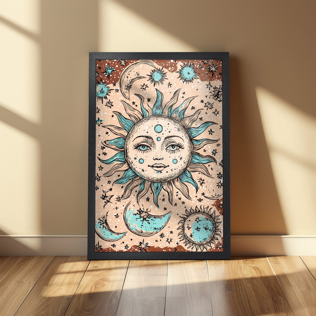 Framed Poster featuring a celestial sun and moon design in a boho style with a warm, earthy color palette. Perfect wall art!