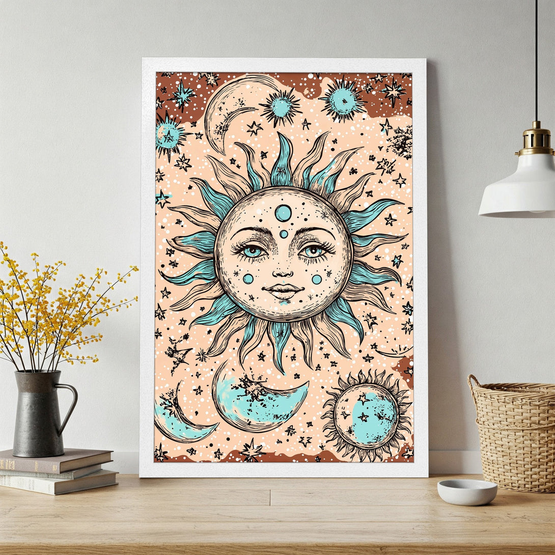 Framed Poster featuring a celestial sun and moon design in a boho style with a peach and teal color palette. Perfect wall art!