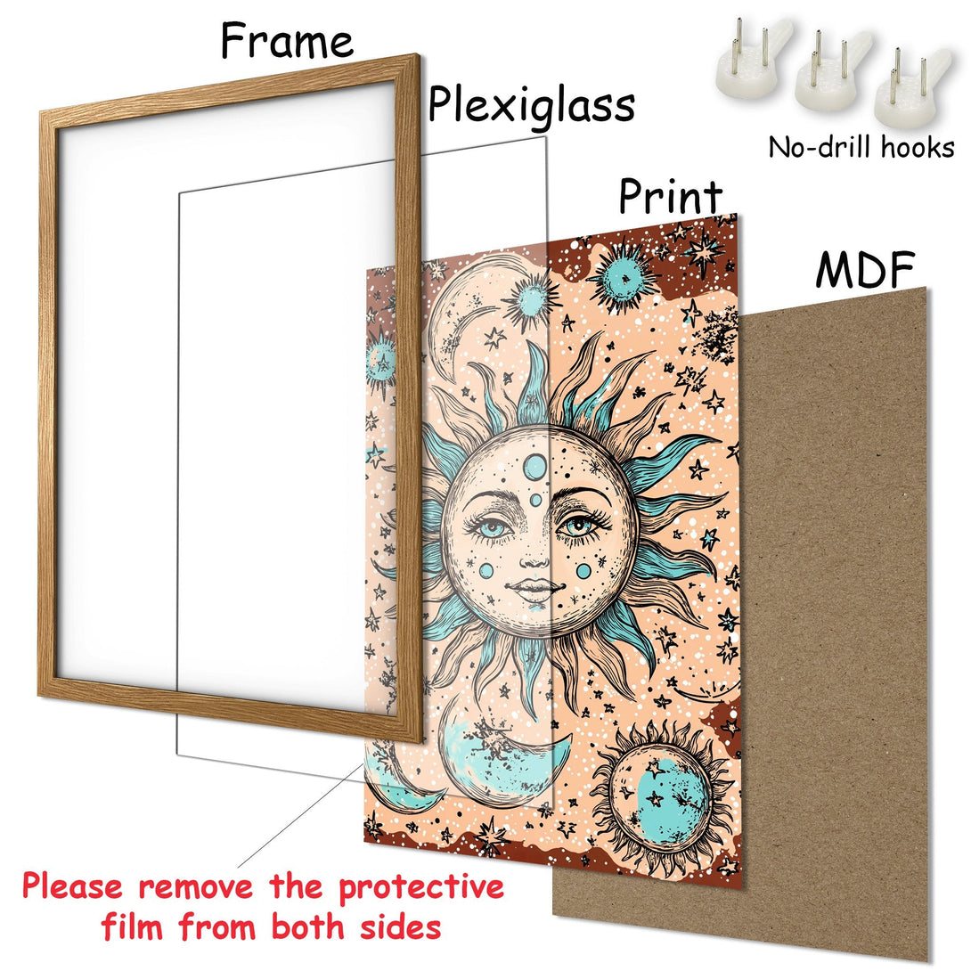 Framed Poster featuring a celestial sun design in a boho style with a warm, earthy color palette. Perfect wall art!