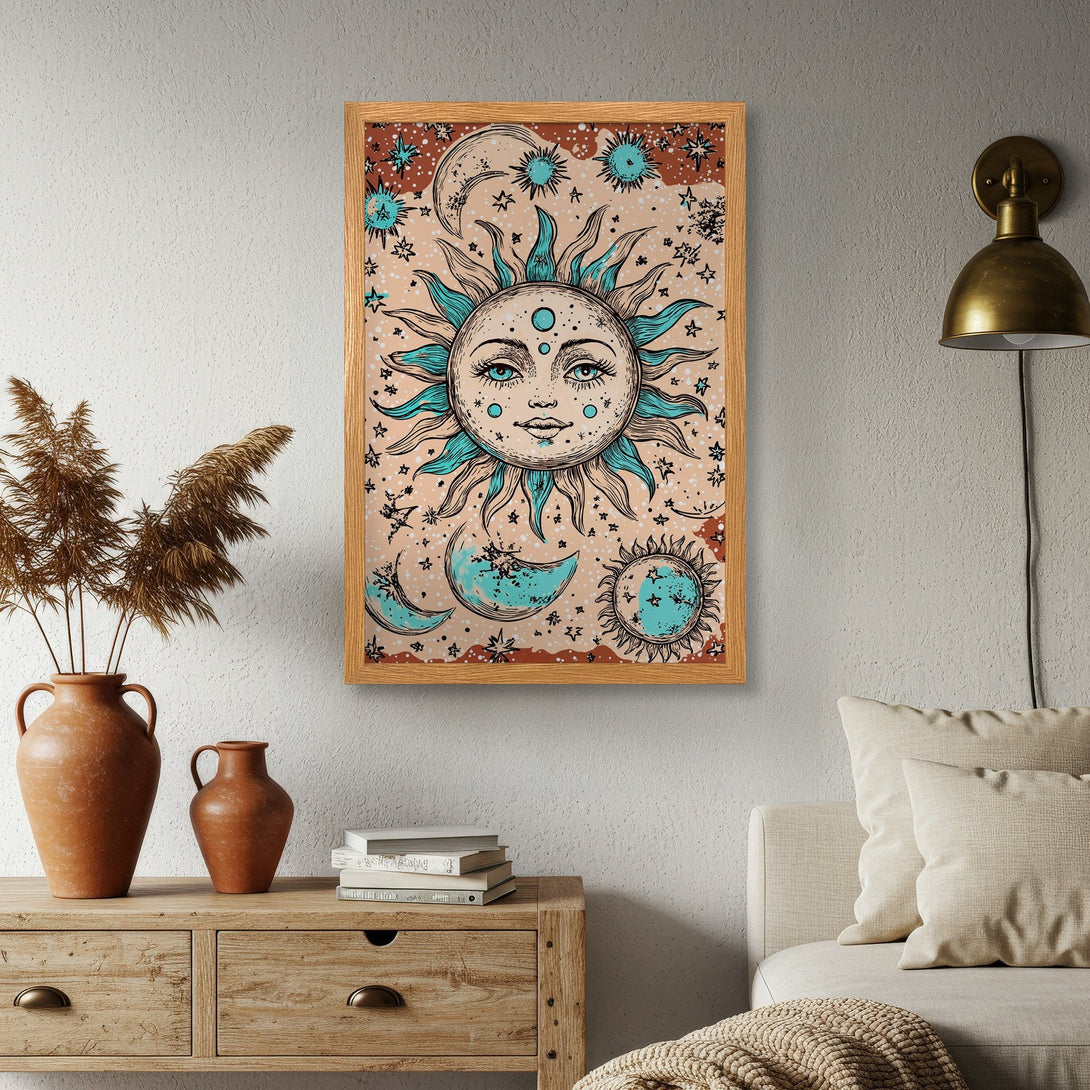 Framed Poster featuring a celestial sun design in a boho style with a teal and beige color palette. Perfect wall art!
