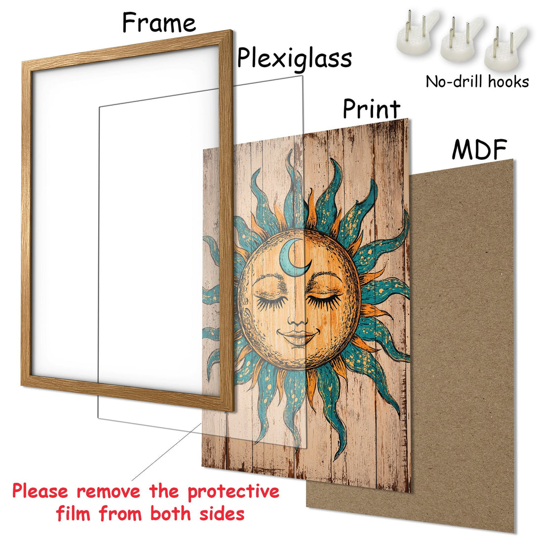Framed Poster featuring a sun design in a rustic style with orange, teal, and brown tones. Perfect wall art for your home!