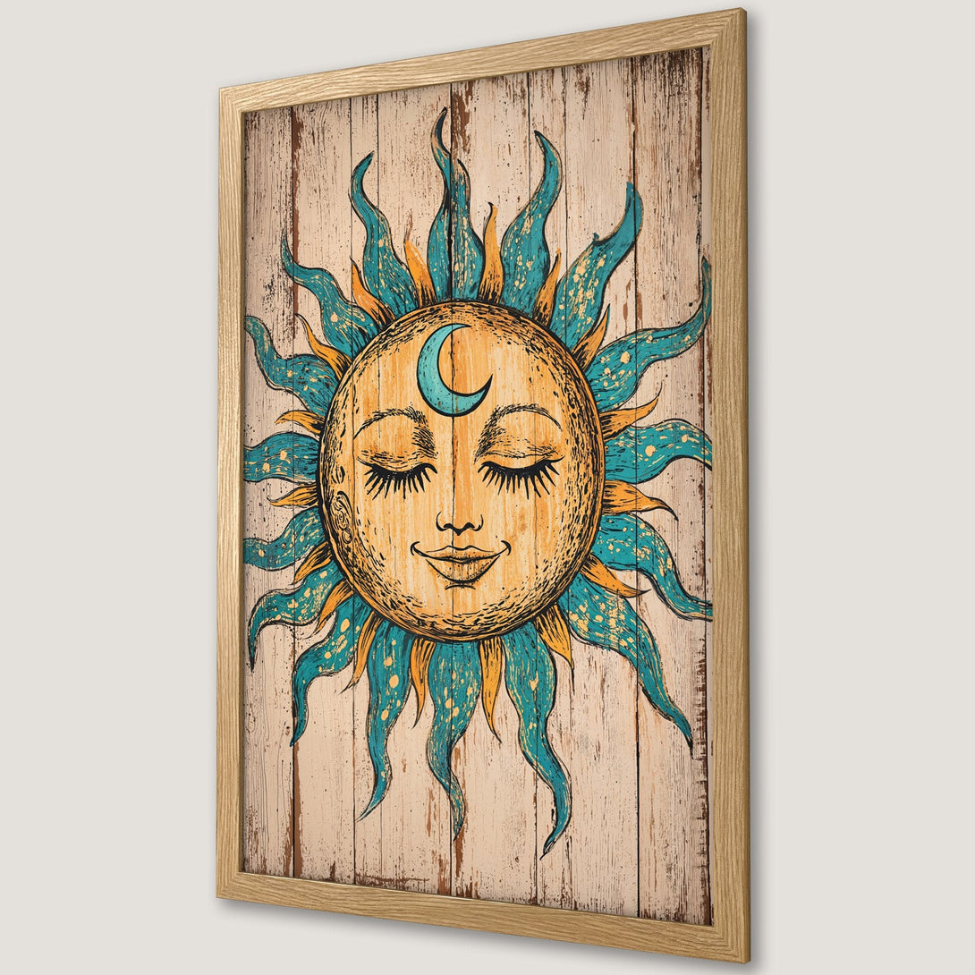 Framed Poster featuring a smiling sun with a crescent moon, in a vintage style. Earthy tones of beige, yellow & teal. Perfect wall art!