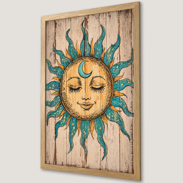 Framed Poster featuring a smiling sun with a crescent moon, in a vintage style. Earthy tones of beige, yellow & teal. Perfect wall art!