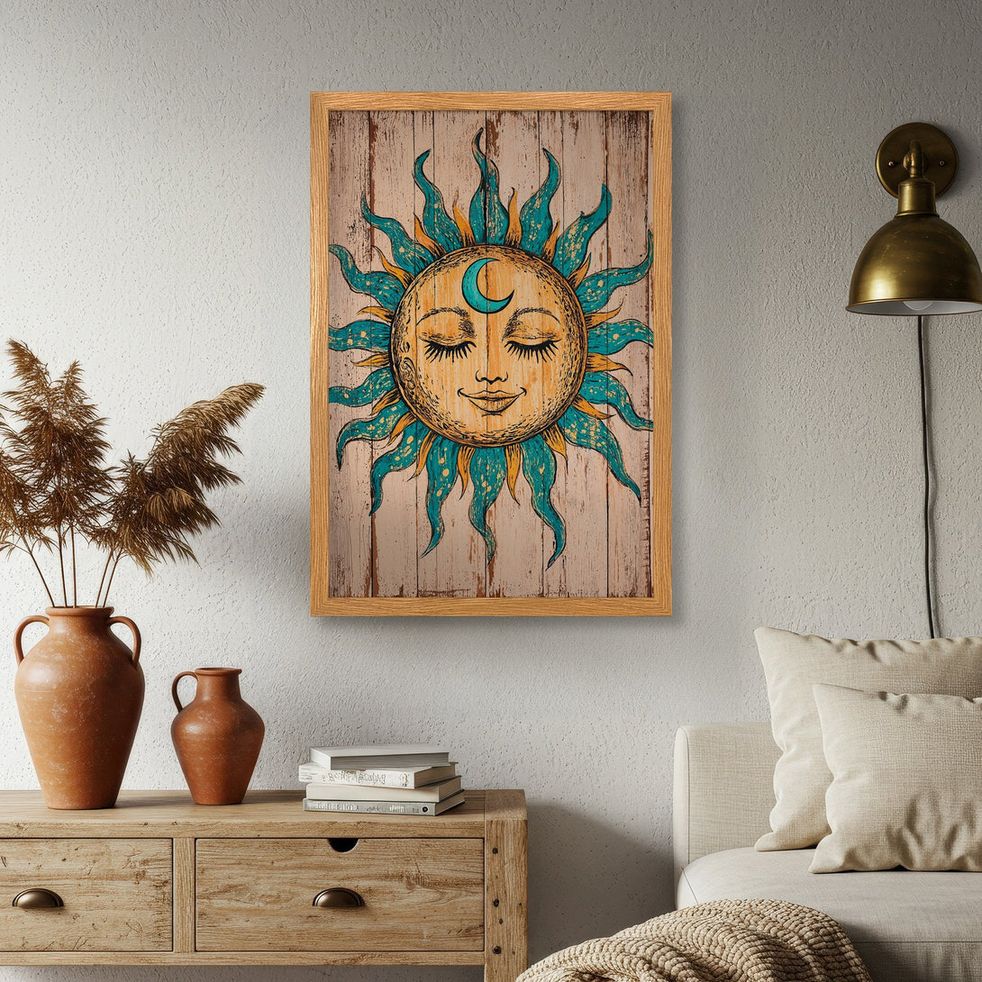 Framed Poster featuring a smiling sun with moon, boho style, teal & yellow color palette, perfect wall art.