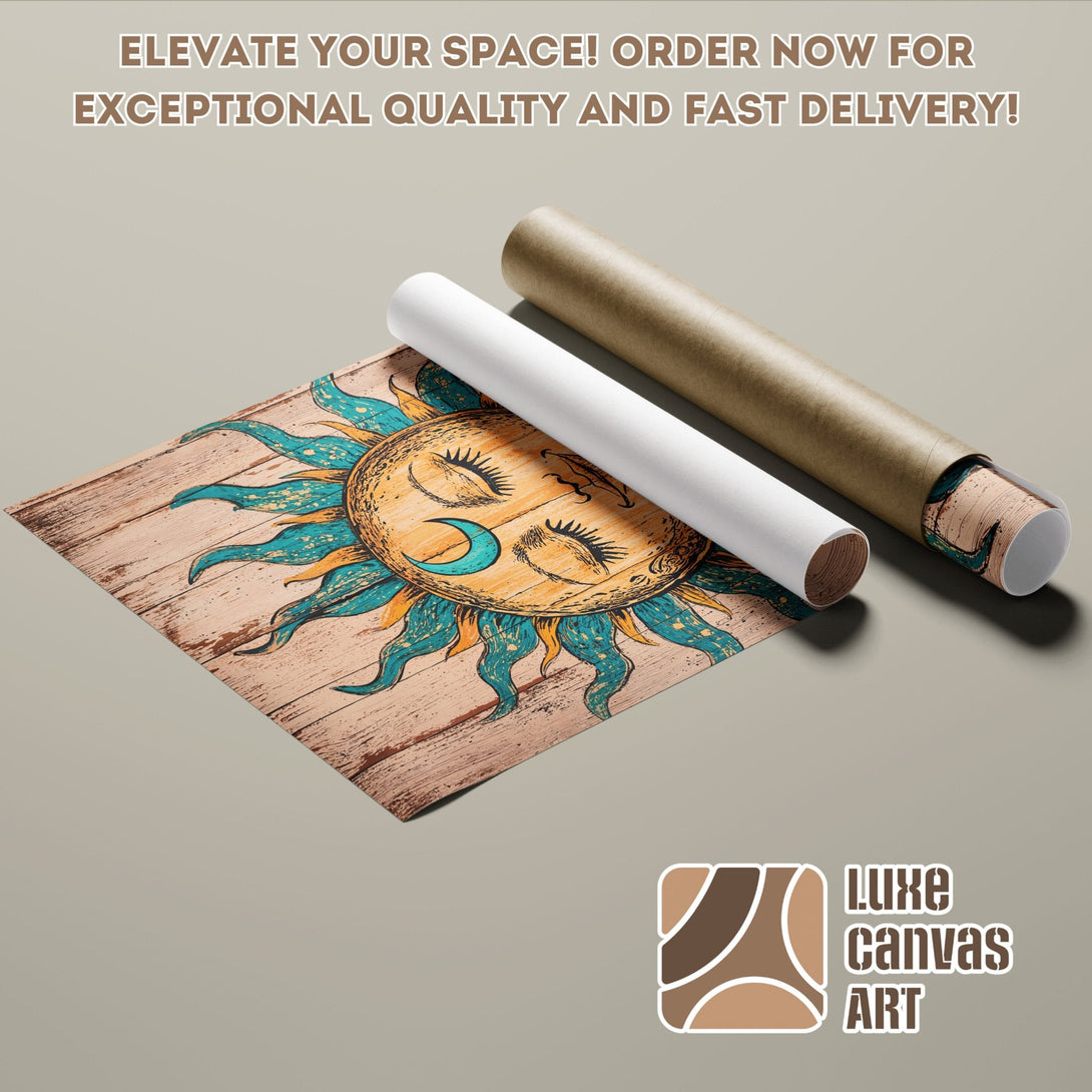 Poster Roll featuring a sun design in a rustic style with a teal and yellow color palette. Elevate your space with art!