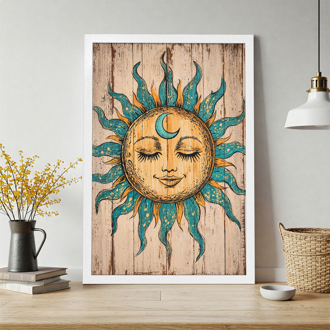 Framed Poster featuring a boho sun and moon design. Rustic style with a teal, yellow, and brown color palette. Perfect wall art!