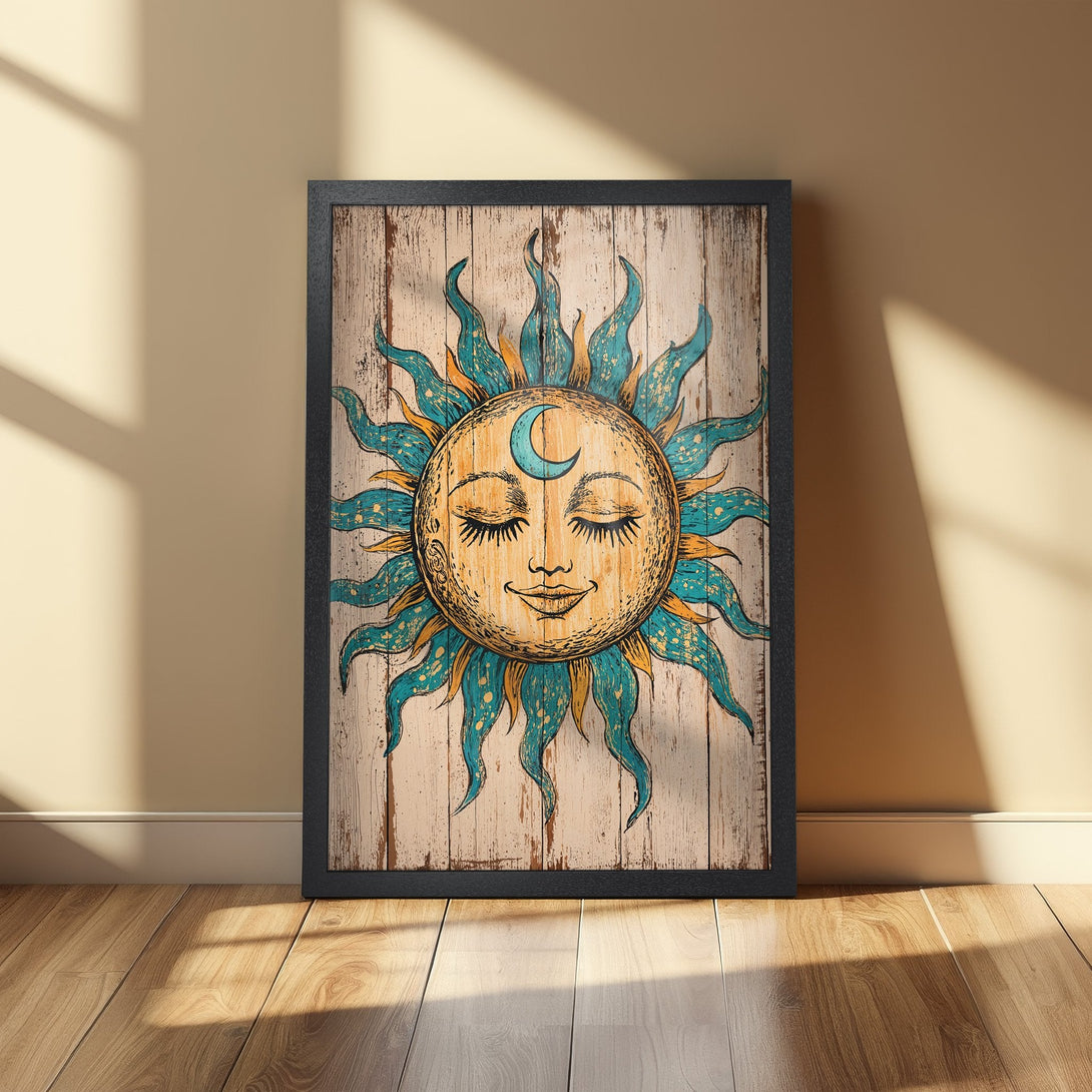 Framed Poster featuring a whimsical sun with a crescent moon, in a boho style. Earthy tones of teal, yellow, and woodgrain. Perfect wall art!