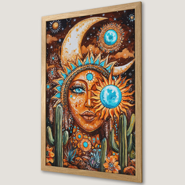 Framed Poster featuring a celestial boho art print with a sun goddess, in warm orange, brown, and turquoise tones. Perfect wall decor!