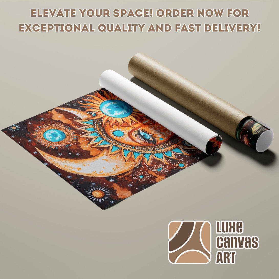 Celestial art poster roll with vibrant orange, blue, and brown color palette. Elevate your space with this unique Poster!