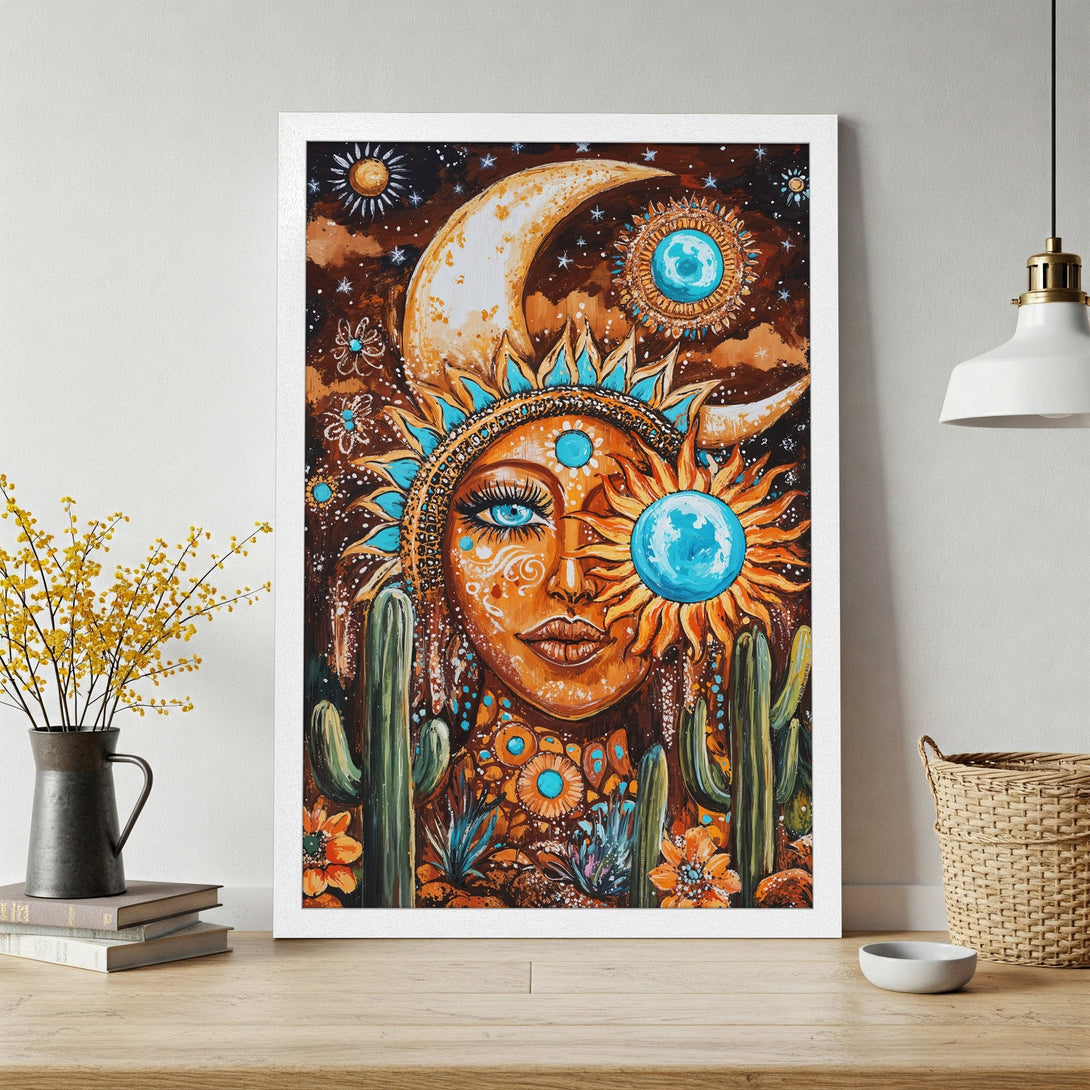Framed Poster featuring a celestial sun and moon design in a boho style with warm orange and turquoise tones. Add a touch of magic to your space!