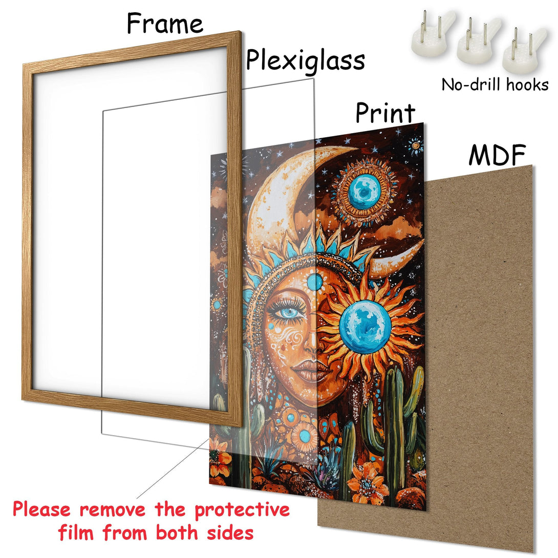 Framed Poster featuring a celestial face with warm orange and blue tones. Boho style art print for your home decor.