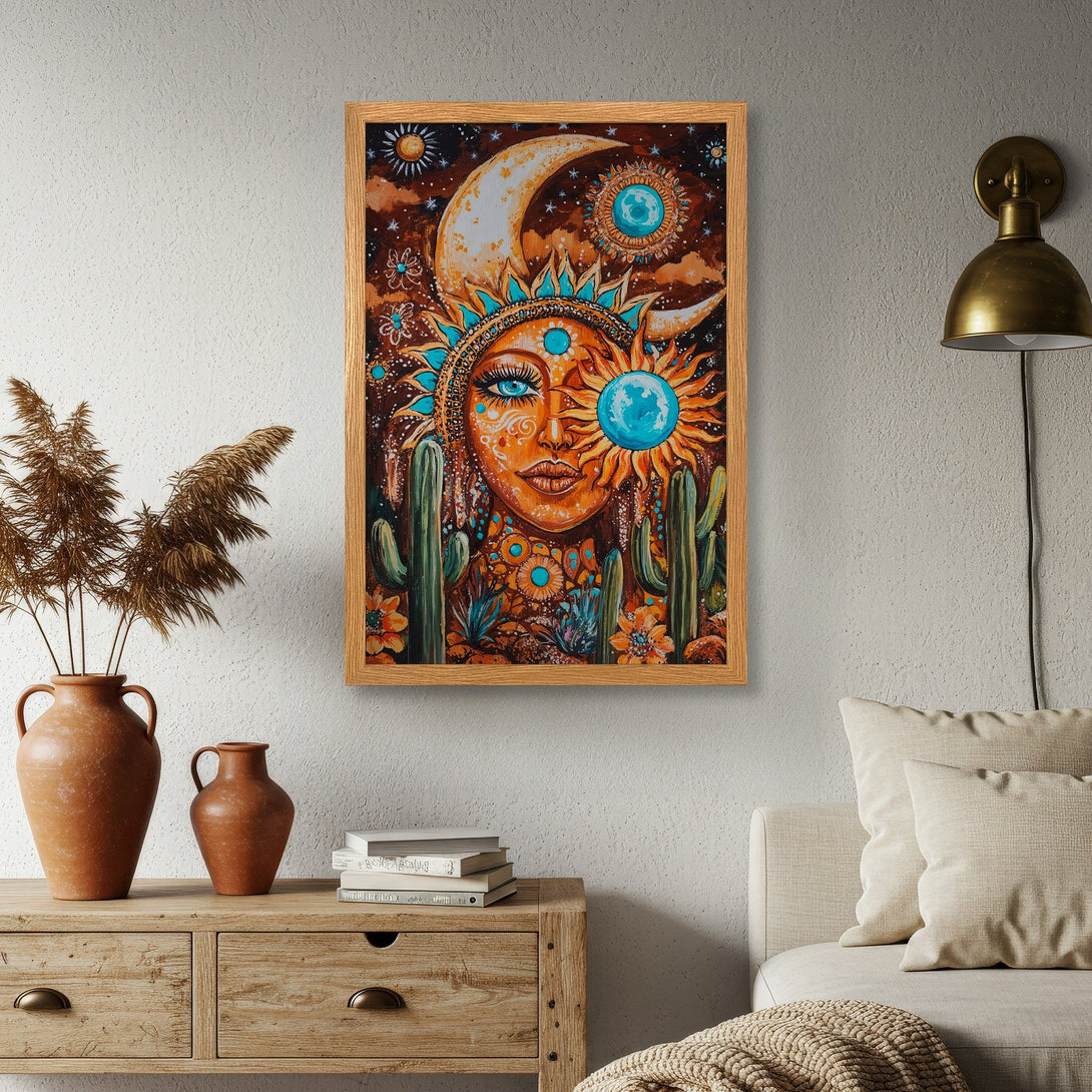 Framed Poster of a sun goddess with a bohemian style, featuring warm orange, brown, and turquoise tones. Add a touch of magic to your space!