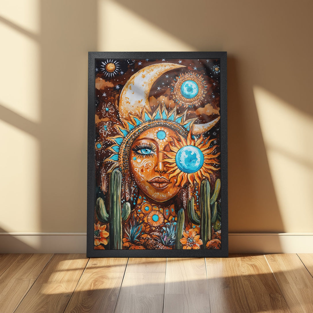 Framed Poster featuring a celestial sun and moon design in warm orange, brown, and turquoise tones. Boho style art print for home decor.