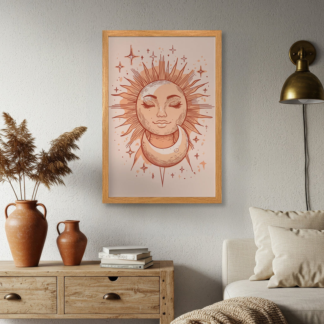 Framed Poster featuring a celestial sun and moon design in a warm, earthy color palette. Perfect for boho decor!