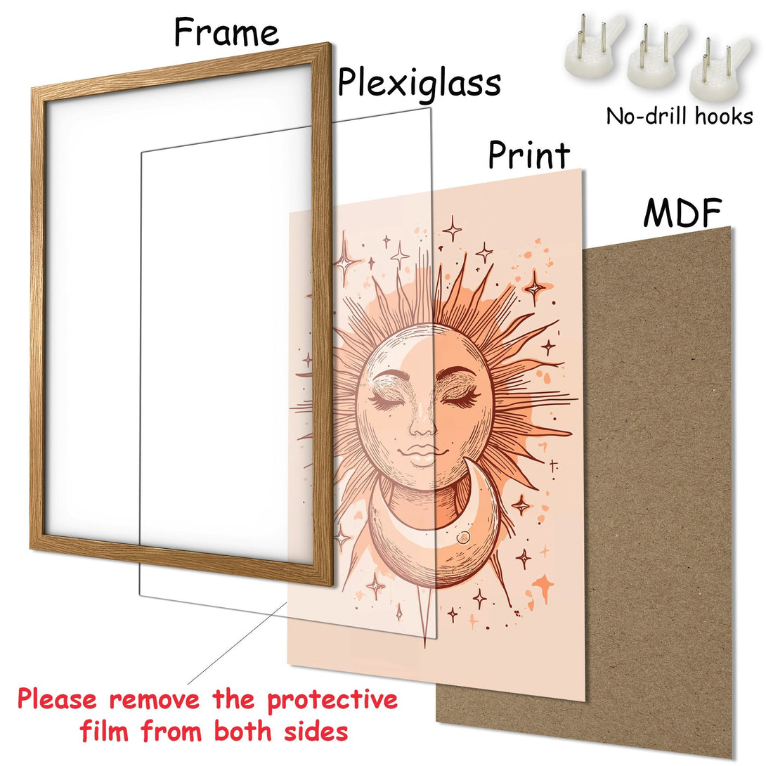 Framed Poster featuring a sun and moon design, boho style, in warm peach and brown tones. Perfect wall art!