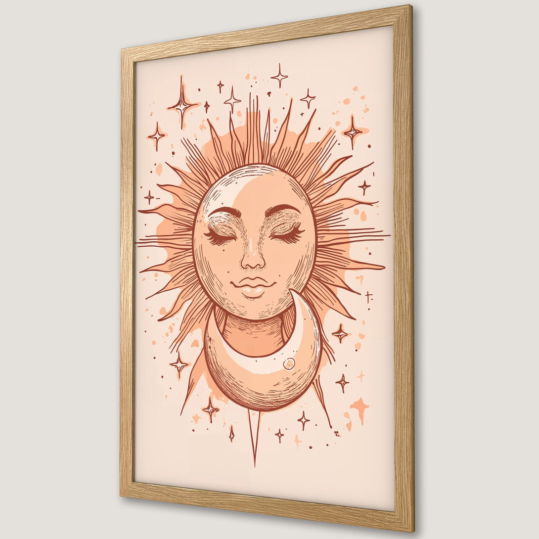 Framed Poster featuring a celestial sun and moon design in warm peach tones. Boho style art print perfect for any space.