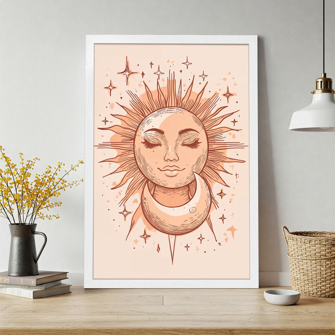 Framed Poster featuring a sun and moon celestial design in a boho style with a warm, earthy color palette.