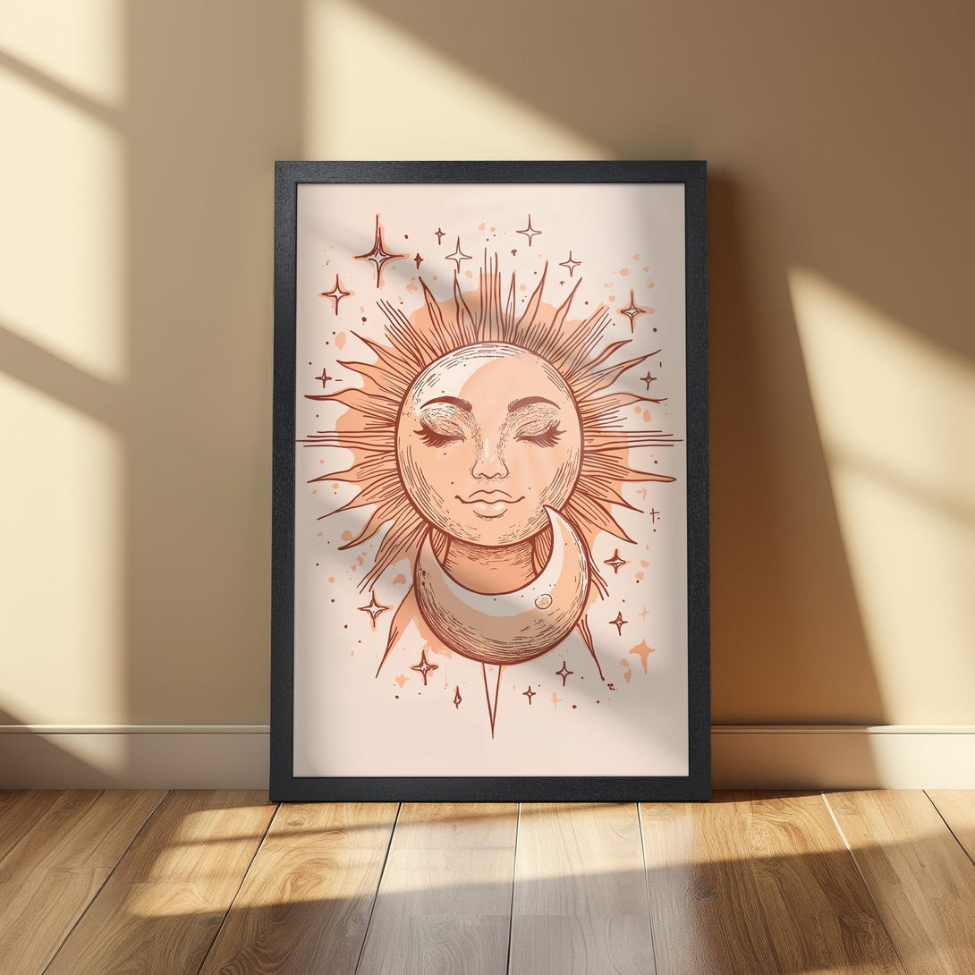 Framed Poster featuring a celestial sun and moon design in a boho style with a warm, neutral color palette. Perfect wall art!