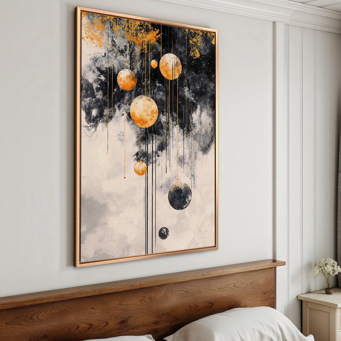 Framed Wall Art featuring an abstract celestial design in a modern style with a black, gold, and neutral color palette. Perfect for adding a touch of elegance.