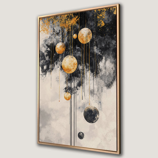 Framed Wall Art featuring an abstract celestial design with gold, black, and cream tones. Modern canvas print perfect for home decor.