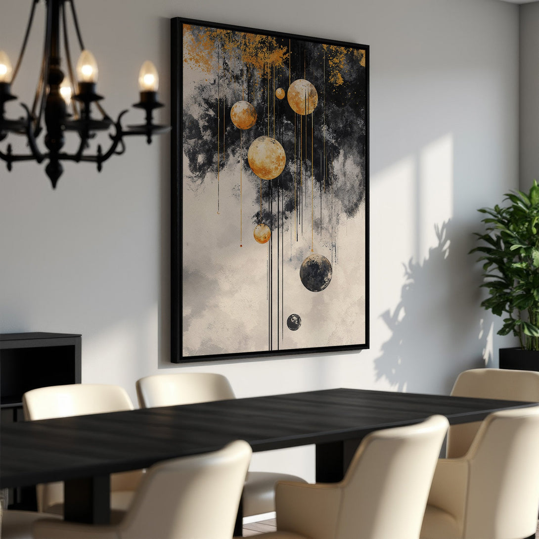 Framed Wall Art featuring abstract celestial art in gold, black, and cream tones. Modern canvas print adds sophisticated style to any dining room.