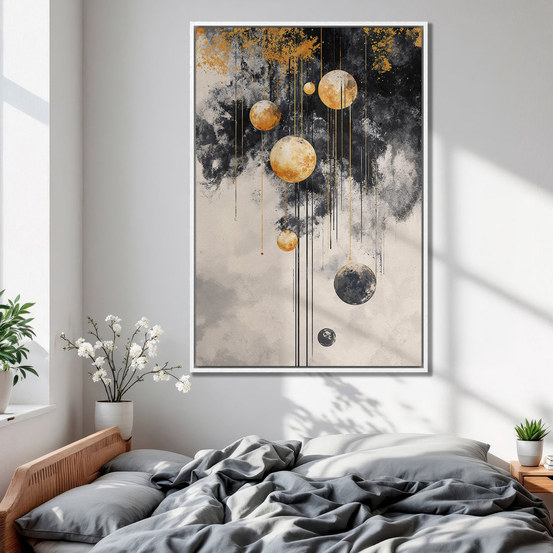 Framed Wall Art: Abstract celestial design in gold, black, and beige. Modern canvas print adds a touch of elegance to any bedroom decor.