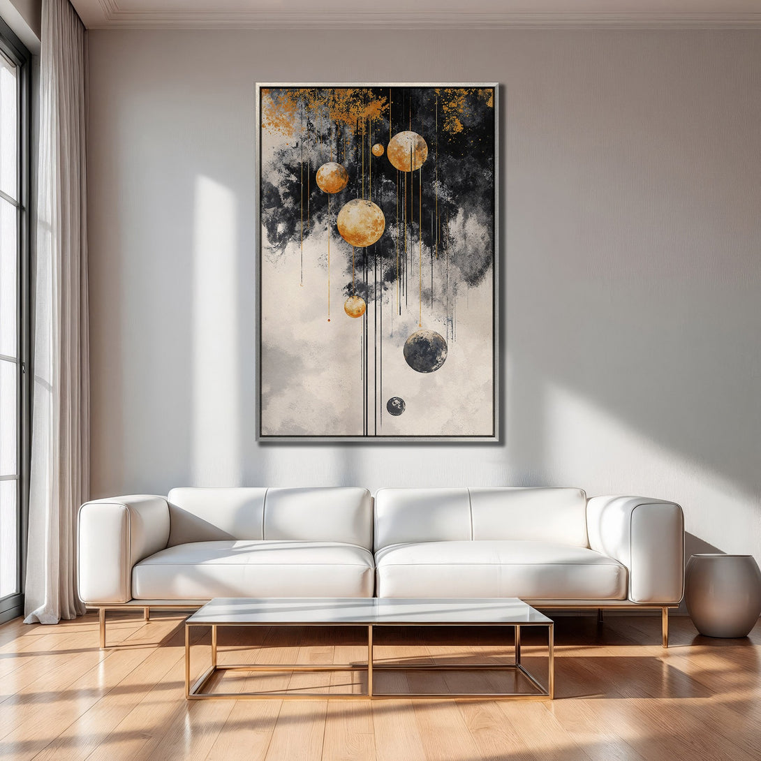 Framed Wall Art: Abstract art print with gold, black, and white color palette. Modern decor featuring a celestial sphere design, perfect for living rooms.