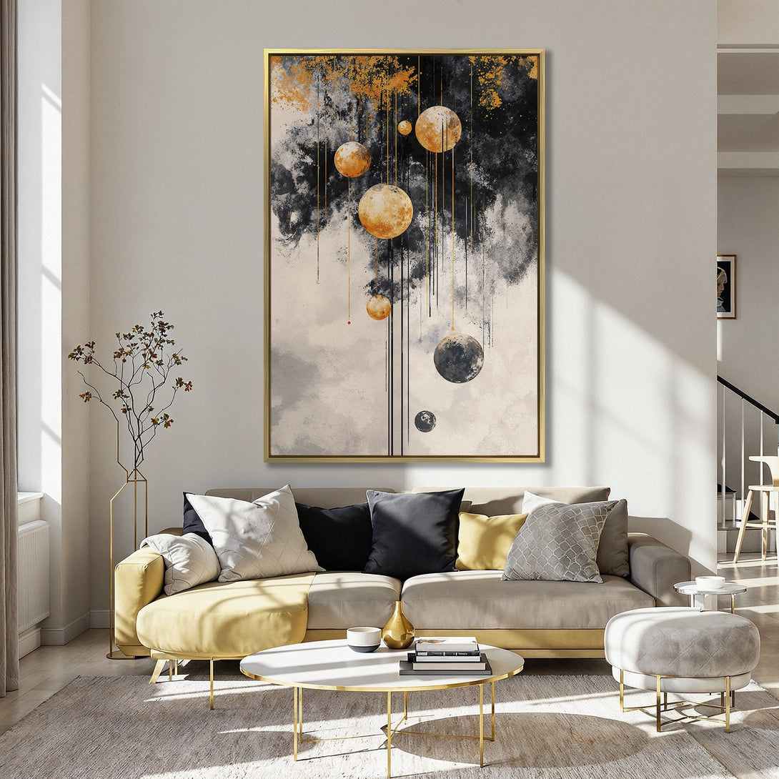 Abstract Canvas Print featuring celestial orbs in black, gold, and neutral tones. Modern art for a stylish home.