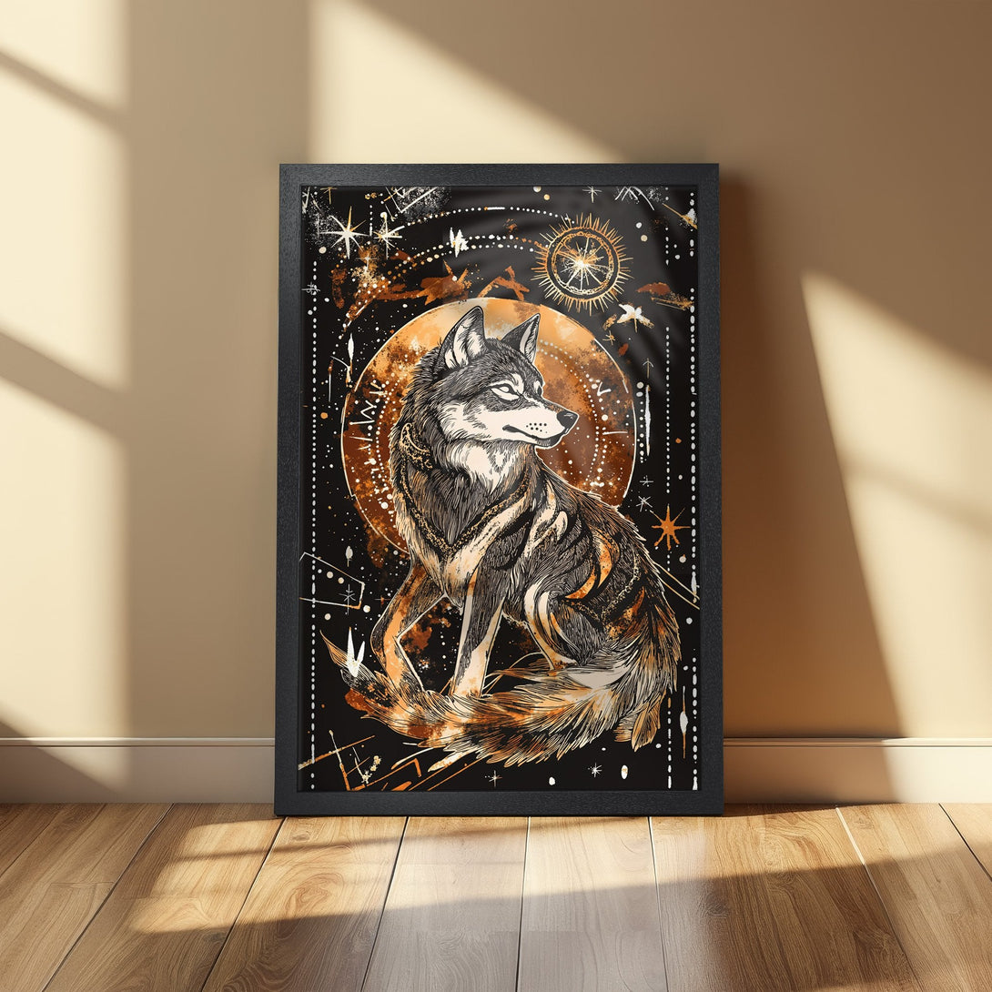 Framed Poster featuring a majestic wolf illustration in a celestial style with a black, gold, and brown color palette. Perfect wall art!