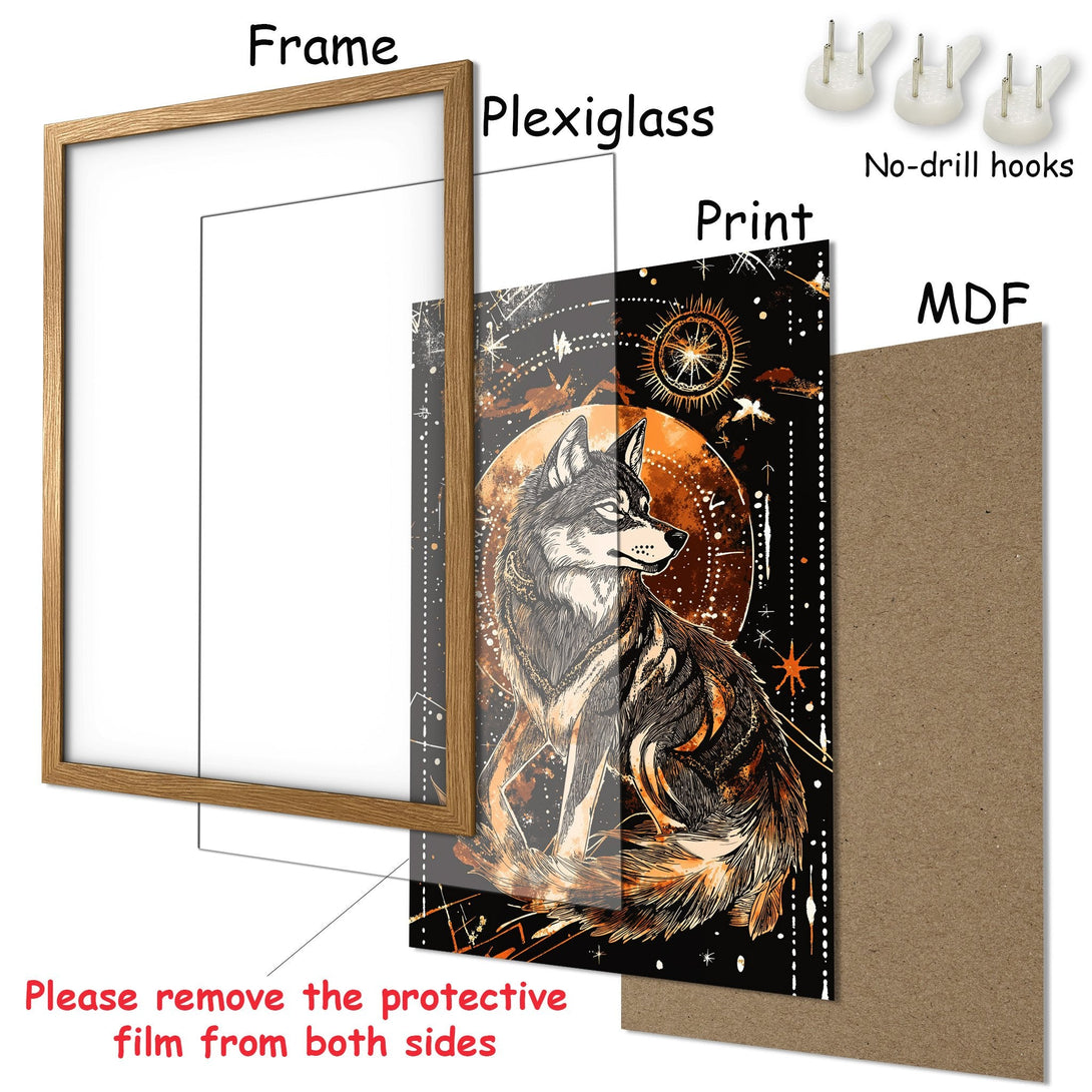Framed Poster featuring a wolf illustration in a celestial style with a black and orange color palette. Perfect wall art!