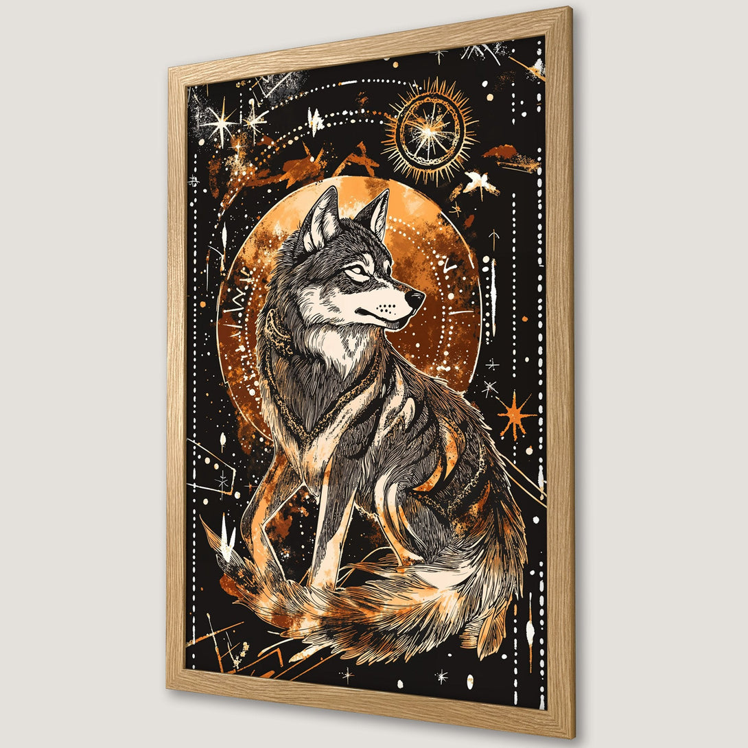 Framed Poster featuring a wolf in a mystical style with a black, gold, and brown color palette. Perfect for adding a touch of magic to your space!