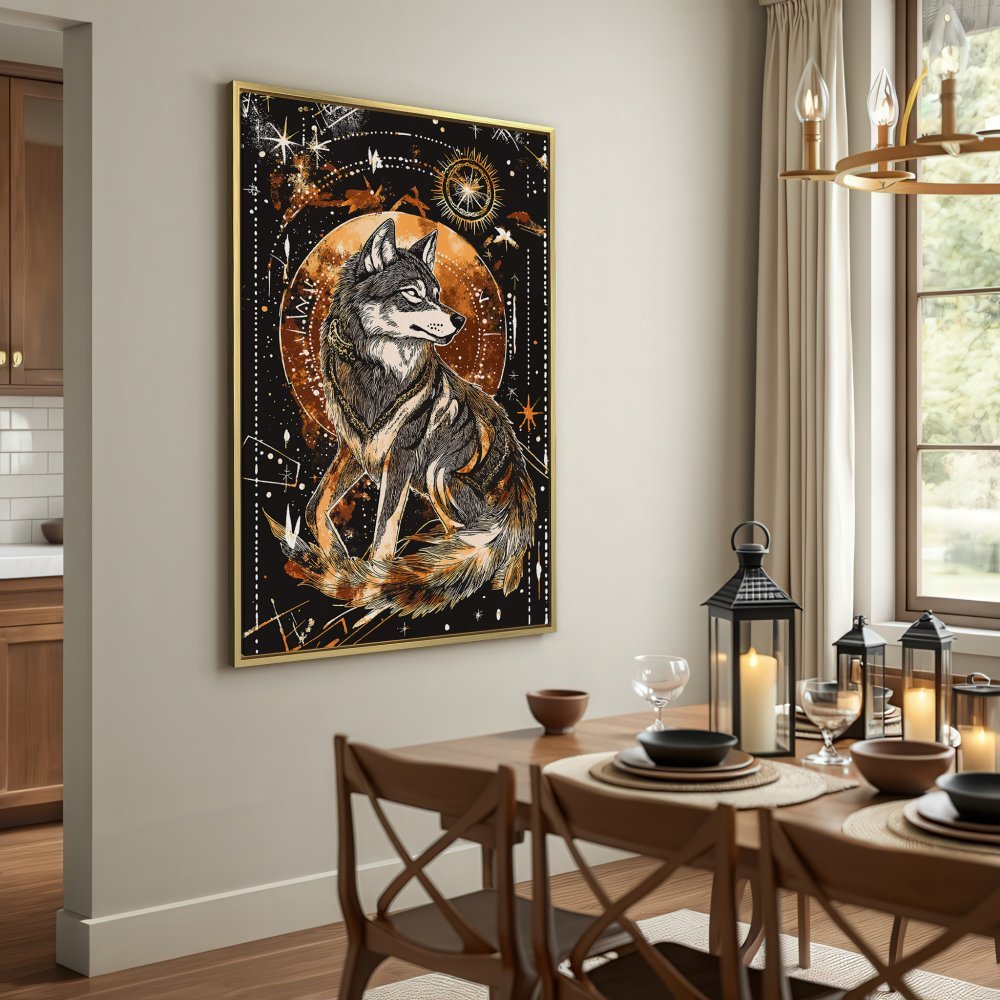 Canvas Print featuring a majestic wolf in a celestial, bohemian style. Earthy tones of black, brown, and gold create a stunning wall art piece.